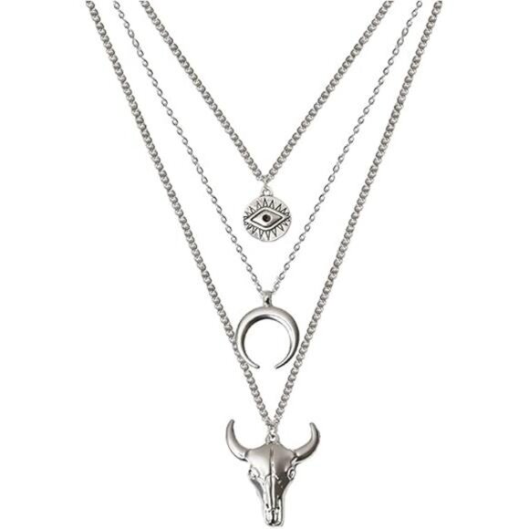 Western Layered Necklace – Evil Eye, Bull Head & Moon Pendant, Adjustable - Picture 4 of 4